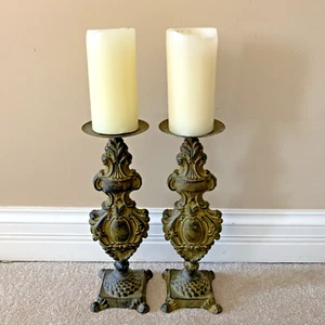 Pair Cast Iron Candle Stick Holder 14” Tall Gothic Decorative Unique - Picture 1 of 14