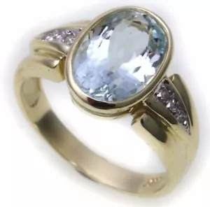 Nuevo Anillo de Mujer Auténtico Aguamarina Diamante 0,08 CT Oro 585 Amarillo - Imagen 1 de 4