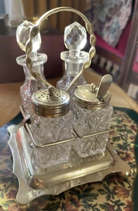 Antique EPNS J474 Cruet-Stand and 4 Piece Glass Condiment Set Complete WTH Spoon - Picture 1 of 20