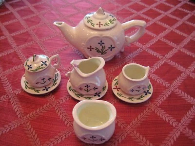 Antigo '74 Conjunto de Chá Infantil Pintado à Mão 10 Peças Vaso Floral Copos Creme Açúcar Rosa - Imagem 1 de 4