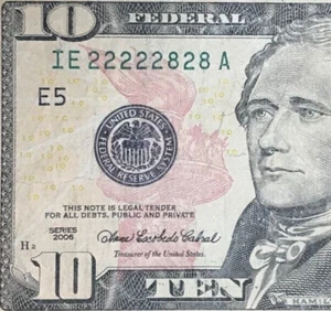 IE 22222828 A : BINARY ( 2 & 8 ) Repeater $10 Ten Dollar Bill Fancy Serial - Picture 1 of 3