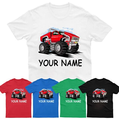 Personalised Monster Truck Kids T Shirt Birthday Custom Name Funny Boys Xmas
