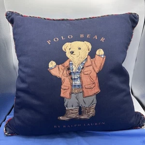 Vintage Polo Ralph Lauren Teddy Bear Throw Pillow Navy Blue Down Insert Denim - Picture 1 of 15