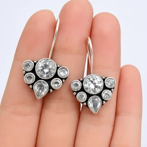 "Handmade White Topaz Dangle Earrings in Sterling Silver – Sparkling Gemstone " - Picture 1 of 4