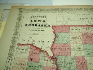 Original Johnson Large Map Iowa Nebraska Hand Colored 1864 - Picture 1 of 1