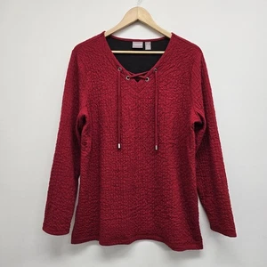 Chicos V-Neck Crinkle Textured Blouse Size 2 Large Lace Up Tie Long Sleeve Red - Picture 1 of 8