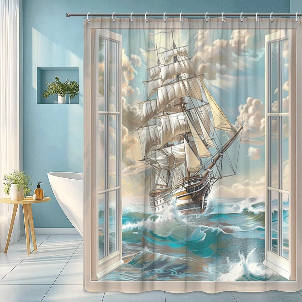 Cortina de ducha velero olas del océano baño náutico decoración estilo costero Foto 1 de 4