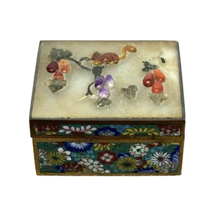 Vintage Enamel Cloisonné Jade Top Jewelry Trinket Box China Export Blue Enamel - Picture 1 of 11