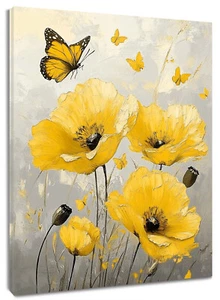 Garden Nature Butterfly Yellow Floral Canvas Wall Art for Bathroom Living Room - Picture 1 of 16