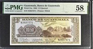 GUATEMALA 1/2 QUETZAL 1964 PREFIX LETTER N p51a PMG 58 CHOICE ABOUT UNCIRCULATED - Picture 1 of 2