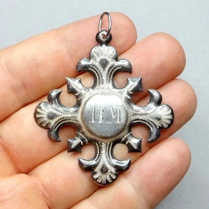 Large Cross, Monogram B M. Antique Religious Pendant. Large Medal. - Picture 1 of 7