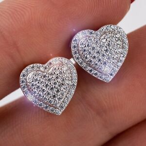 Solid 925 Sterling Silver 14k Gold Plated Heart Earrings CZ Simulated Diamonds