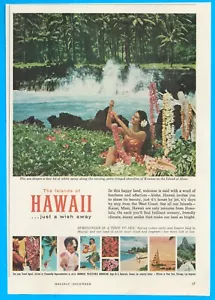 1963 Hawaii Honolulu turismo STAMPA ANNUNCIO cascata lei hula ragazza Maui vacanza - Foto 1 di 3