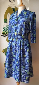 VINTAGE ORIGINAL 40s 50s RAYON FLORAL TEA DRESS MODERN SIZE 12 HOLLYWOOD GLAMOUR - Picture 1 of 15