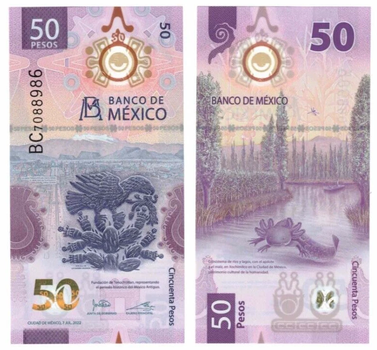 2022 Mexico 50 Pesos P133 UNC Polymer note Augmented Reality Axoloti  NEW DATE - Image 1 of 1