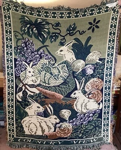 100% Cotton Hand Woven Fringed Throw - Rabbits, Cabbages and Carrots - Picture 1 of 13