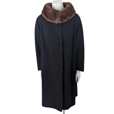 Винтажный 60-х меховой воротник кашемир пальто куртка женщин средний черный норка коричневый - Изображение 1 из 4