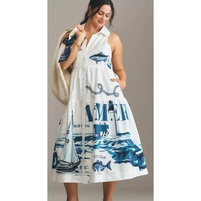 Vestido Camisa Midi Sin Mangas Maeve Azul Patrón Náutico Peces Playa Talla XL NUEVO CON ETIQUETAS Foto 1 de 4