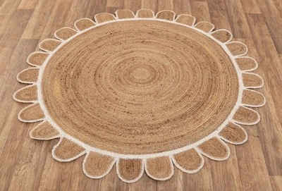 Scallop Round Rug Hand Braided 100% Natural Jute Farmhouse Area Design Floor Rug - Image 1 of 4