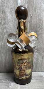 vintage 1970s Italy leather & paper covered wine or liquor bottle + Shot Glasses - Picture 1 of 12