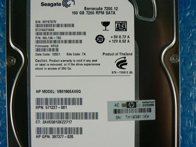 VB0160EAVEQ HP 160GB 3G 7.2K 3.5 SATA HDD Hard Drive 483096-001 571227-001 - Image 1 of 1