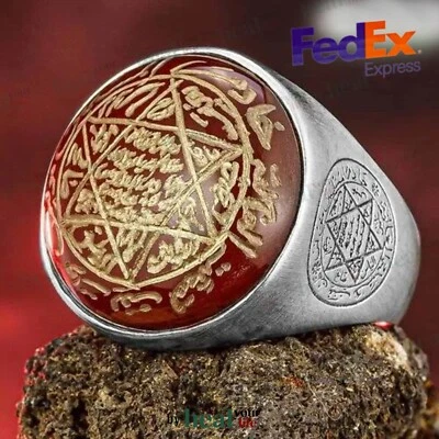 King Solomons Seal Ruby 925 Sterling Silver Men's Ring Agate Handmade - Image 1 of 3