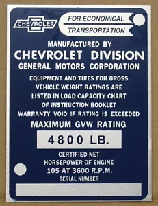 SERIAL NUMBER CHEVY ID TAG CHEVROLET DATA PLATE CUSTOM IDENTIFICATION USA 55-59 - Bild 1 von 1