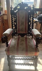French Antique Renaissance Chair Bird Hand Carved With Lion Hands Armrest - Picture 1 of 24