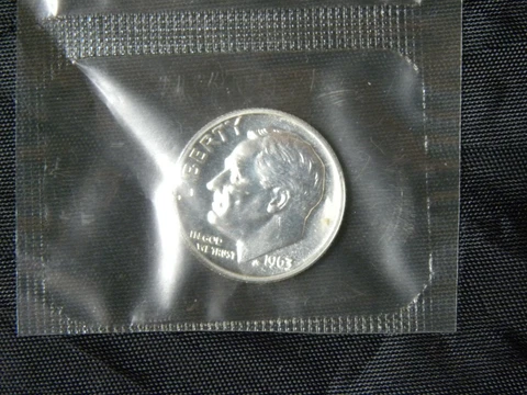 1963 Roosevelt Dime 90% Silver Gem Proof  In Original Proof Set Cellophane Cover