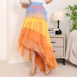 Women Gradient Puffy Cake Long Mesh Skirt Elastic Waist Ball Gown Tulle Skirt - Picture 1 of 20