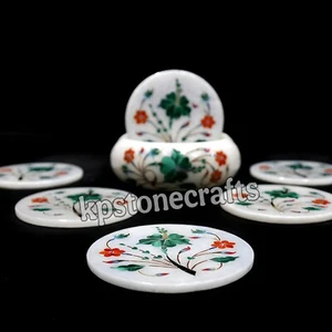 White Marble Coaster Set | Handmade Semi-Precious Stone Inlay | Pietra Dura Indi - Picture 1 of 5