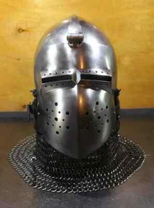 Casco medieval de acero calibre 16 combate cerdo cara bascinet cadena correo casco - Imagen 1 de 5