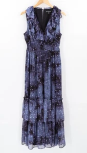 INC Maxikleid V-Ausschnitt Rüschen gesmokte Taille blau silber M Strand Urlaub Kreuzfahrt - Bild 1 von 5