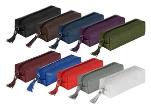 Genuine Leather Zipper Pencil Pen Case Glasses Case Cosmetic Makeup Pouch - Picture 1 of 39