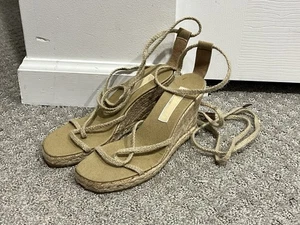 *Michael Kors 6.5/7 Wedge Heel Open Toe Sandal Leg Lace-up Canvas Espadrille - Picture 1 of 9