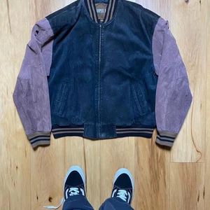 Vintage Sharper Image Men’S Black/Brown Suede Varsity Jacket Size X-Large - Picture 1 of 3