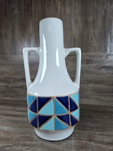 Three Hands Corp Two Handled Ceramic Vase White Blue Geometric Pattern Modern - Picture 1 of 9