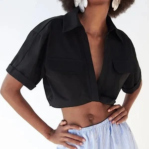 ZARA MUJER PEQUEÑO NEGRO POPELINA CROP TOP MANGA CORTA NUDO TORCIDO 7385/101 NUEVO CON ETIQUETAS - Imagen 1 de 13