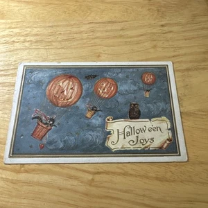 Antigua postal de fantasía de Halloween, gatos volando en globos JOL, ¡gran imagen! - Imagen 1 de 2