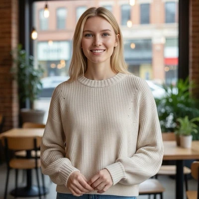 Suéter Athleta Lana Cachemira Talla Mediana Crema Acanalado Tejido Mangas Globo Suave Foto 1 de 4