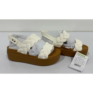 Crocs Brooklyn Damen-Sandalen gewebt niedriger Keilabsatz kreidefarben Größe 5 neu mit Etikett #006S - Bild 1 von 10