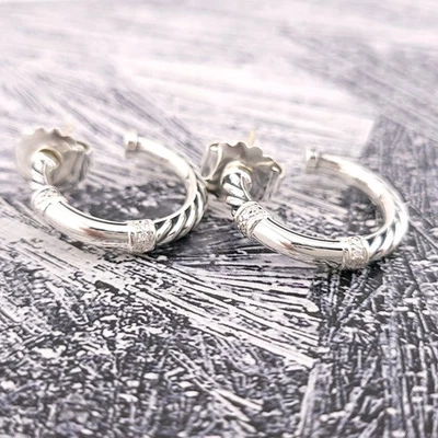 Pendientes David Yurman Plata de Ley 22mm Cable Metro Aro Diamantes 925 Foto 1 de 4