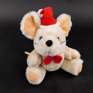 Christmas Mouse Beige Jointed Plush Stuffy Santa Hat Bow Tie 7" Toy - Picture 1 of 6