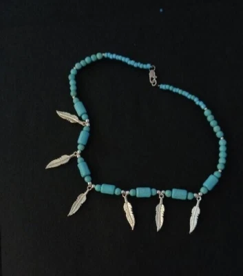 Collar Gargantilla Plumas Artesanal Turquesa 18 Pulgadas 'Tecopa'  Foto 1 de 3