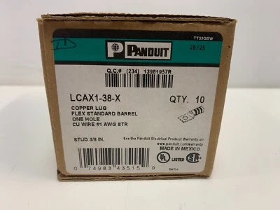 [Box of 10] Panduit LCAX1-38-X One-hole, flex lug, #1 AWG wire, 3/8 stud hole - Image 1 of 3