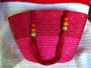 Tote Beach Bag Striped Straw Multi Red Pink Shoulder Beads Lined Purse Vacation - Picture 1 of 6
