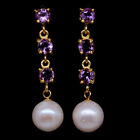 Gemstone 10 MM. White Pearl & Purple Amethyst Earrings 925 Sterling Silver