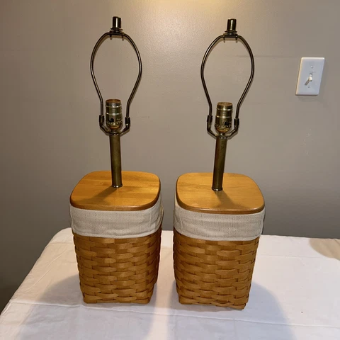 Set of 2 Retired 2002 LONGABERGER Lidded Basket Electric Table Lamps Liner WORKS Cover