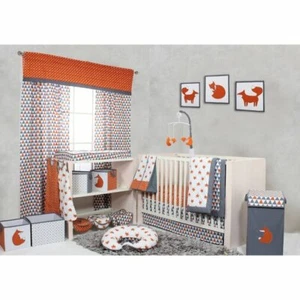 Orange Gray Grey Woodland Foxes Geo 10pc Crib Bedding Baby Nursery Mobile Diaper - Picture 1 of 6