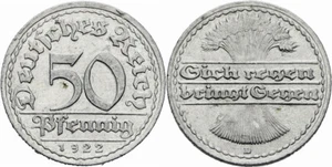 Repubblica di Weimar Impero tedesco 50 Pfennig 1922 D errore di conio spighe Jaeger 301 - Foto 1 di 3